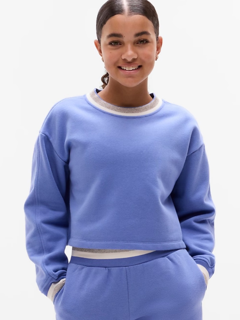 Athleta Girl All Day Sparkle Crewneck Sweatshirt Limitless Blue Crop M 8/10 NEW